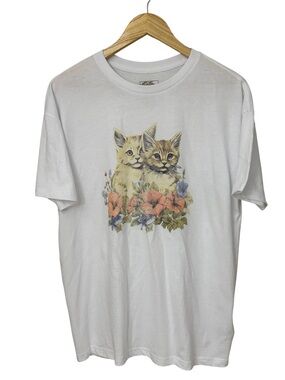 Vans White Tee with Kitten Duo and Floral Print